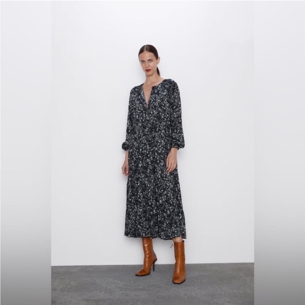 Zara Black white floral tiered button down midi dress